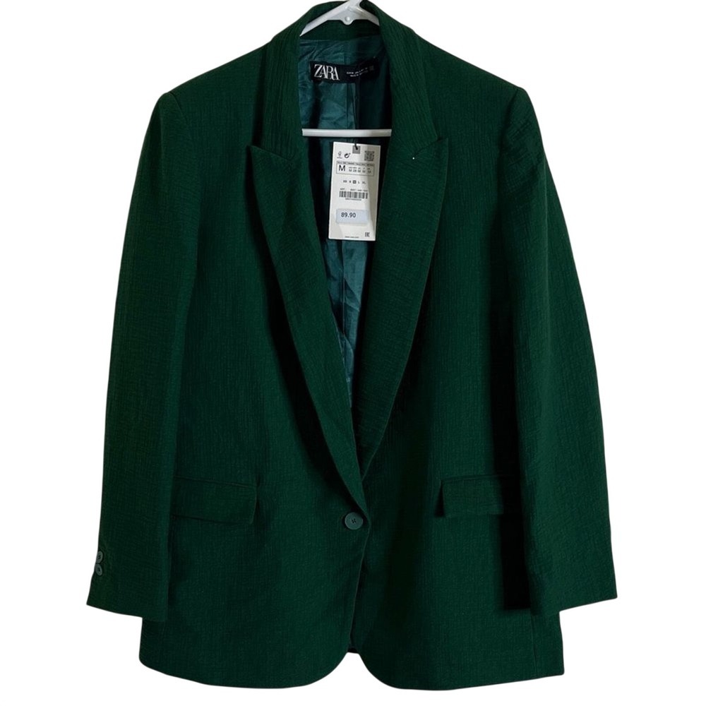 ZARA‎ Women Green Textured Single Button Blazer Jacket  Linen Blend Size M